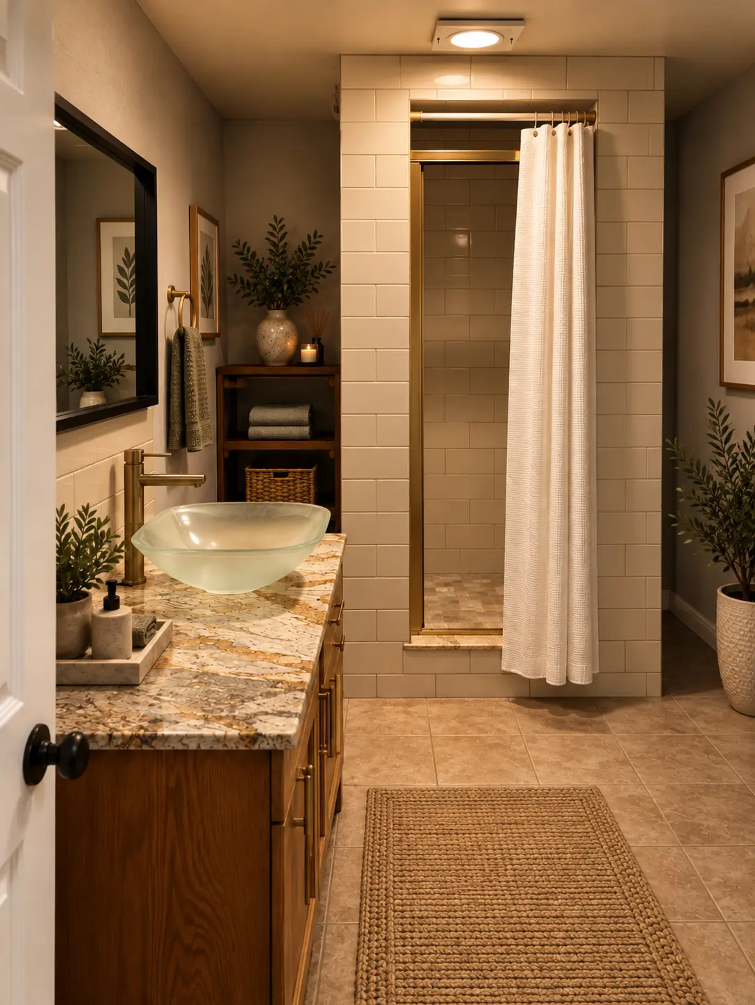 Updated main bathroom with glass vessel sink, granite counter, and walk-in shower