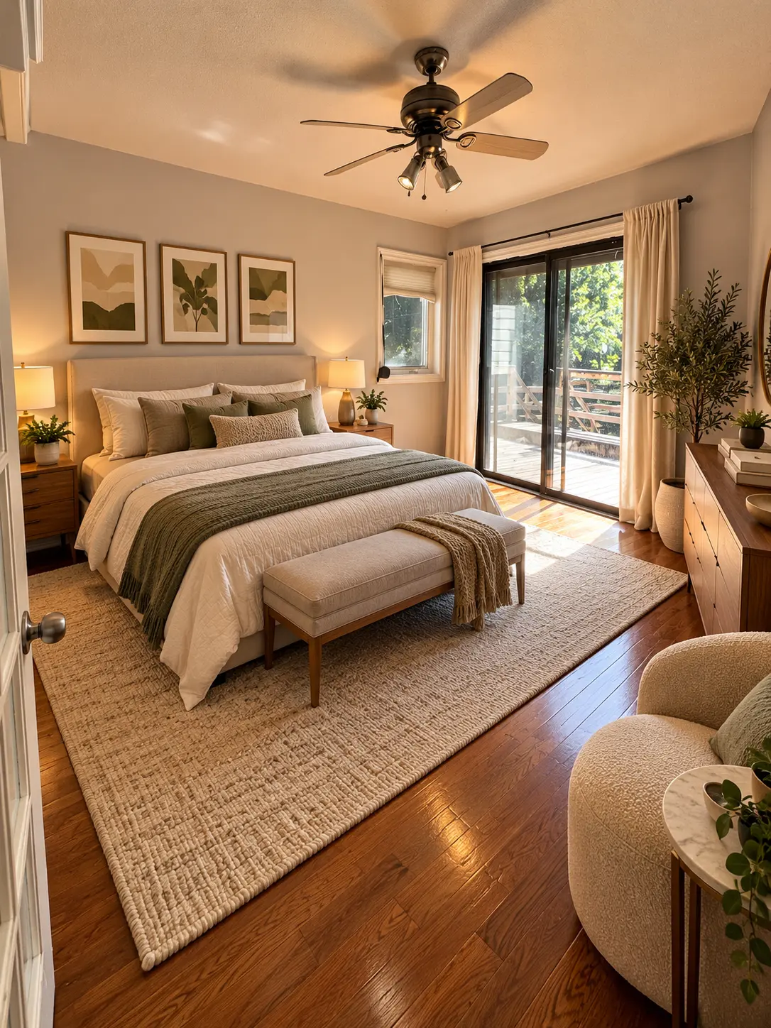 Main-level bedroom with ceiling fan and sliding glass door to the back deck