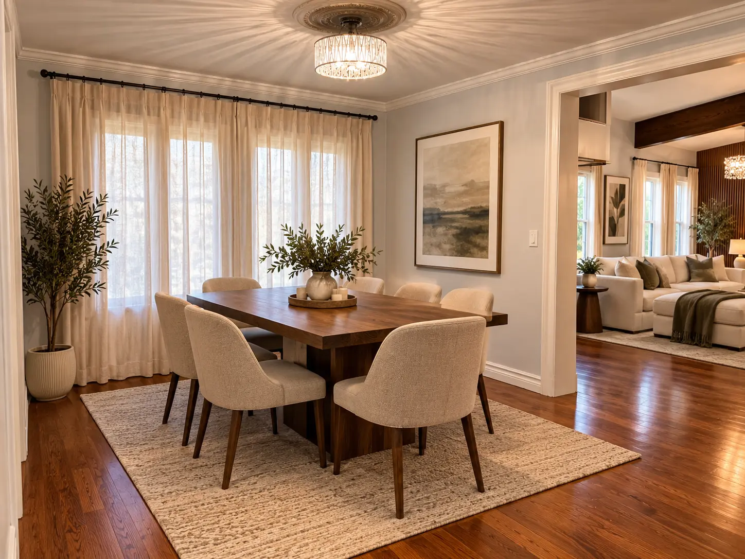 Open-concept living and dining room with warm wood beams