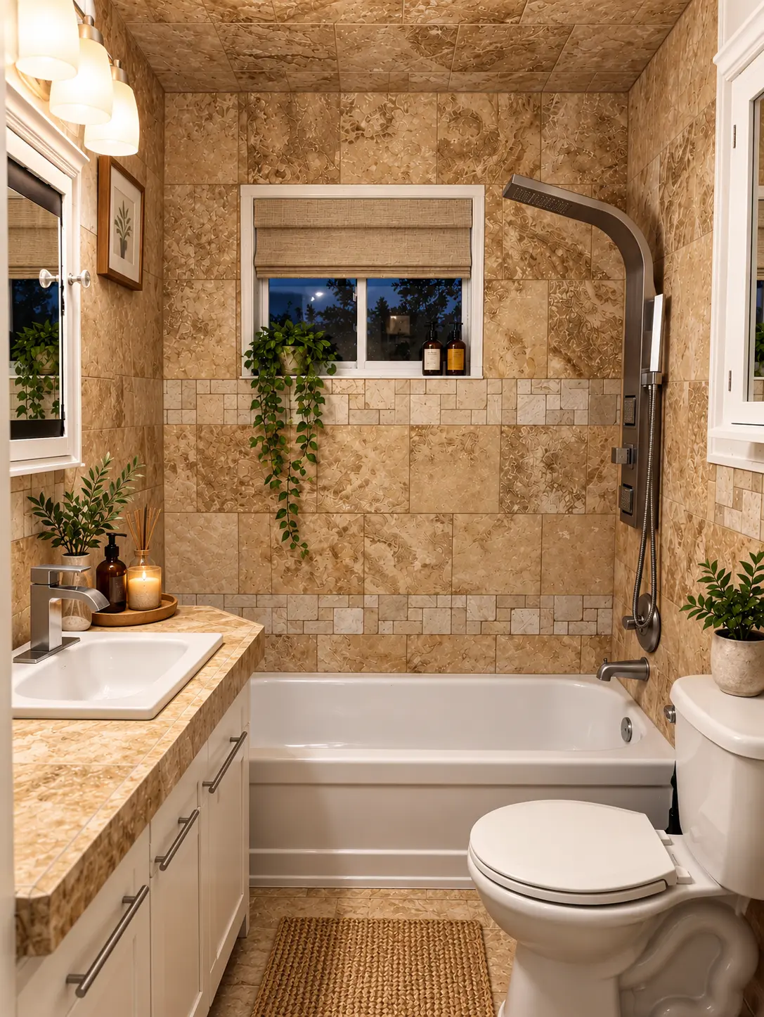 Basement full bathroom with tub, shower, and stone tile finishes