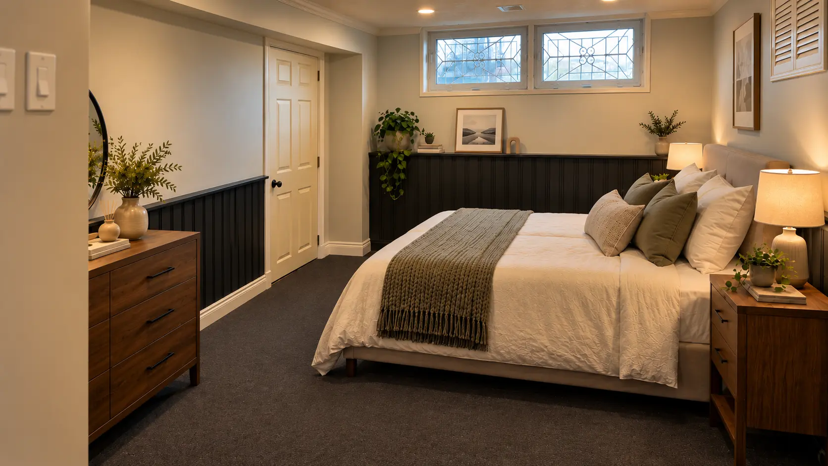 Basement suite bedroom with board-and-batten accent wall