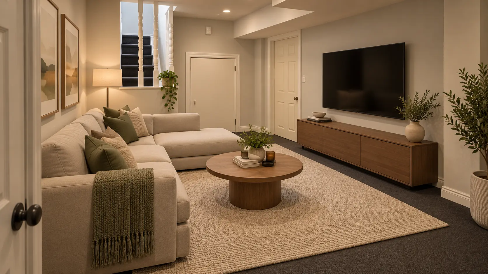Finished basement lounge with sectional sofa and large wall-mounted TV